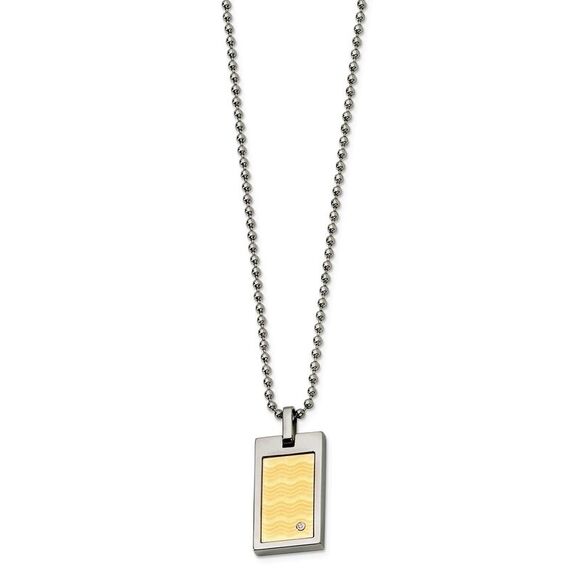 Stainless Steel 18k Gold Plated and Diamond Dog Tag Necklace 24 Inch